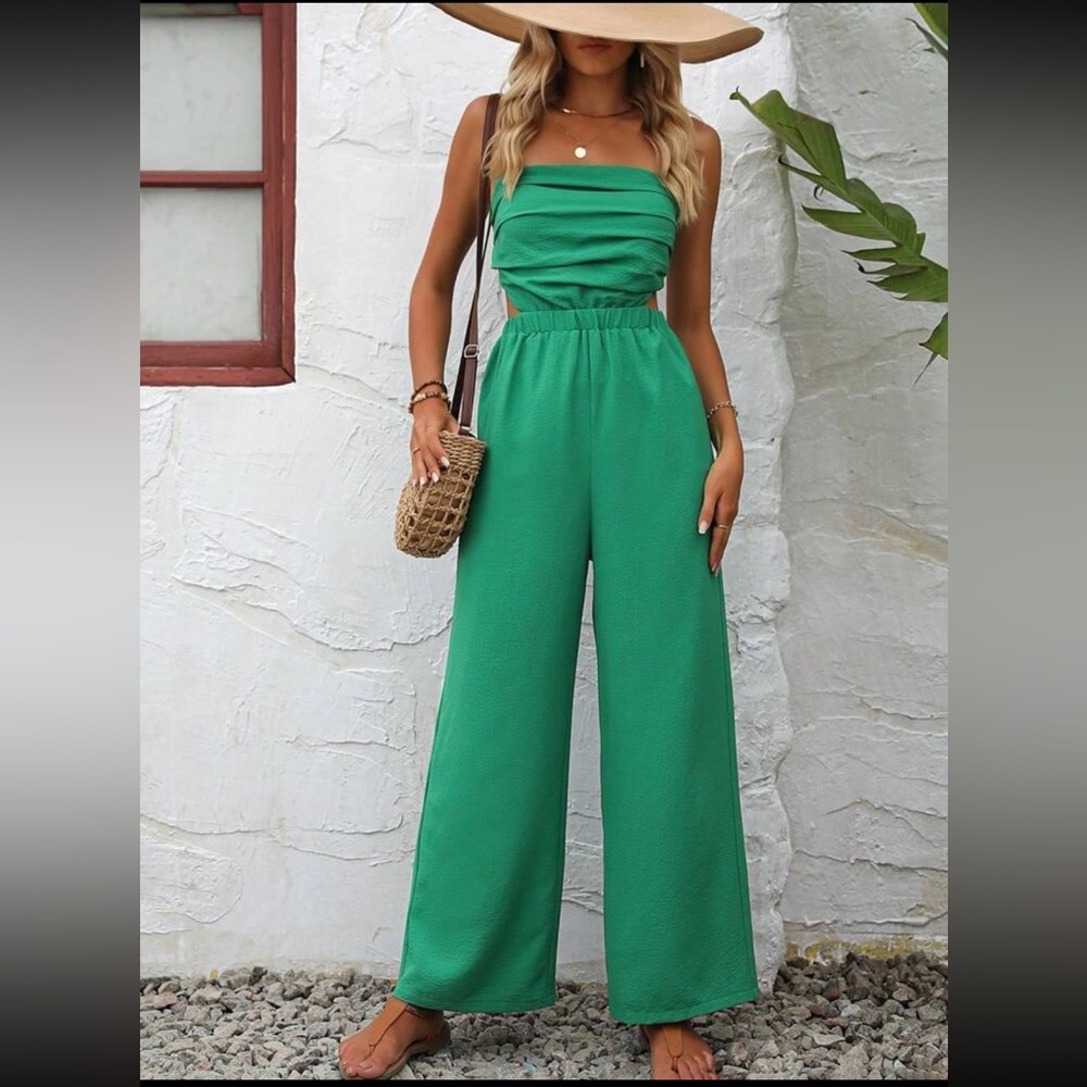 Solid Ruched Cut Out Waist Tube Jumpsuit